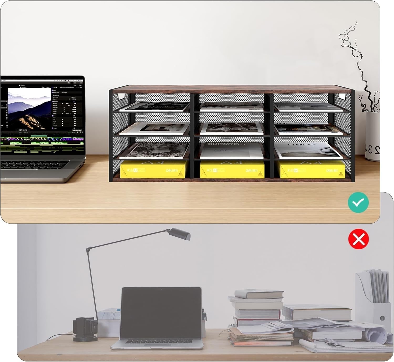 Metal & Wood Desk Paper Organizer 12 Compartments A4 Sorter