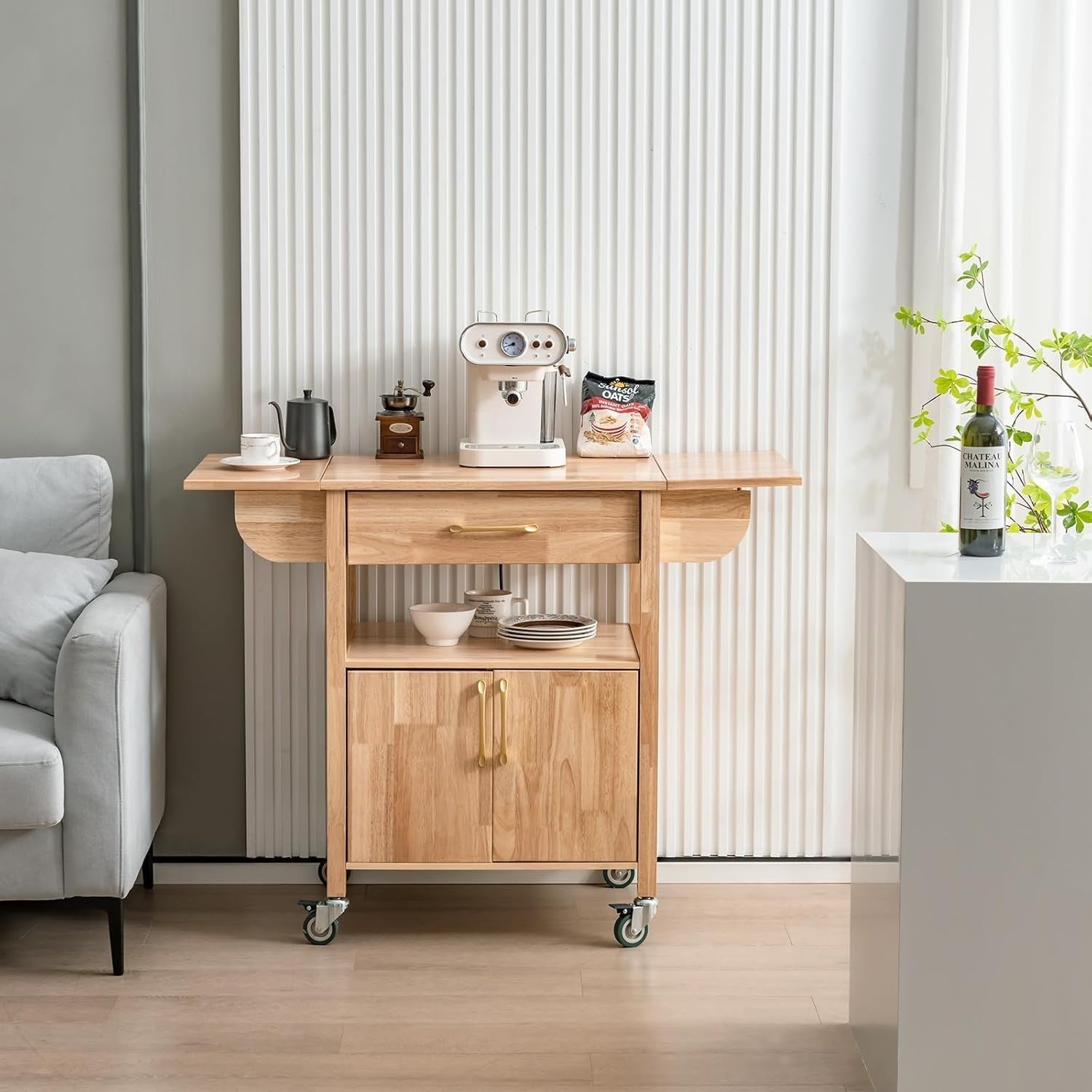 Drop Leaf Kitchen Island Cart with Storage Cabinet, Drawer & Lockable Wheels