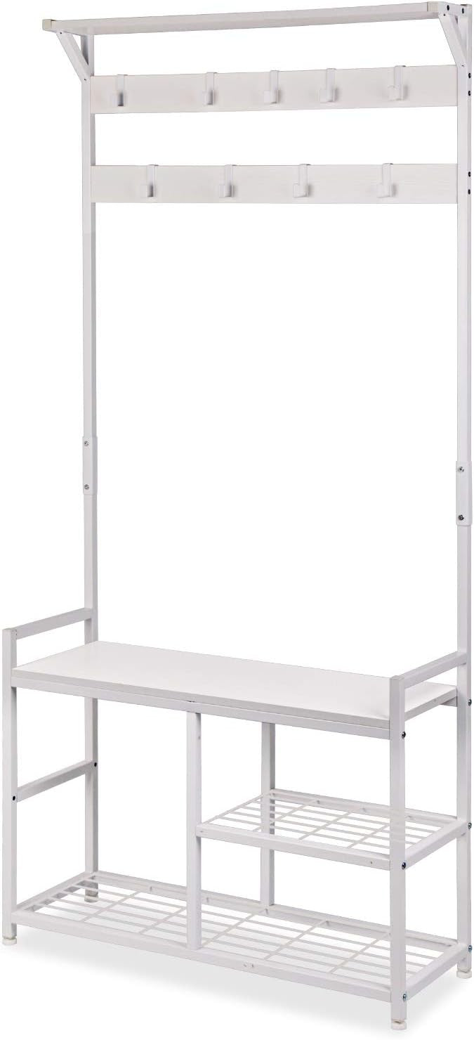 White Industrial Coat Rack with Shoe Bench | 9 Hooks Metal Frame Hall Tree