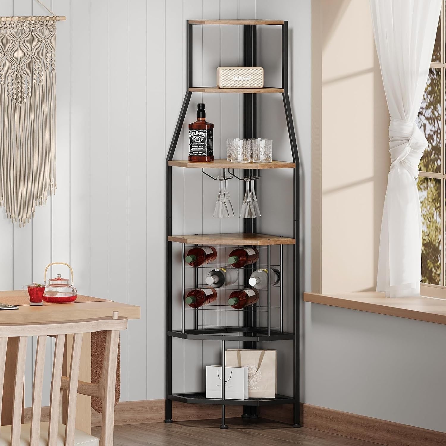 5-Tier Corner Wine Rack Bottle Storage Cabinet with Glass Holder Rustic Brown