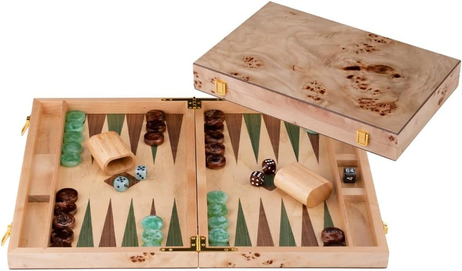 15 Inch Wooden Backgammon Set Luxury Burl Wood Case Classic Travel Board Game