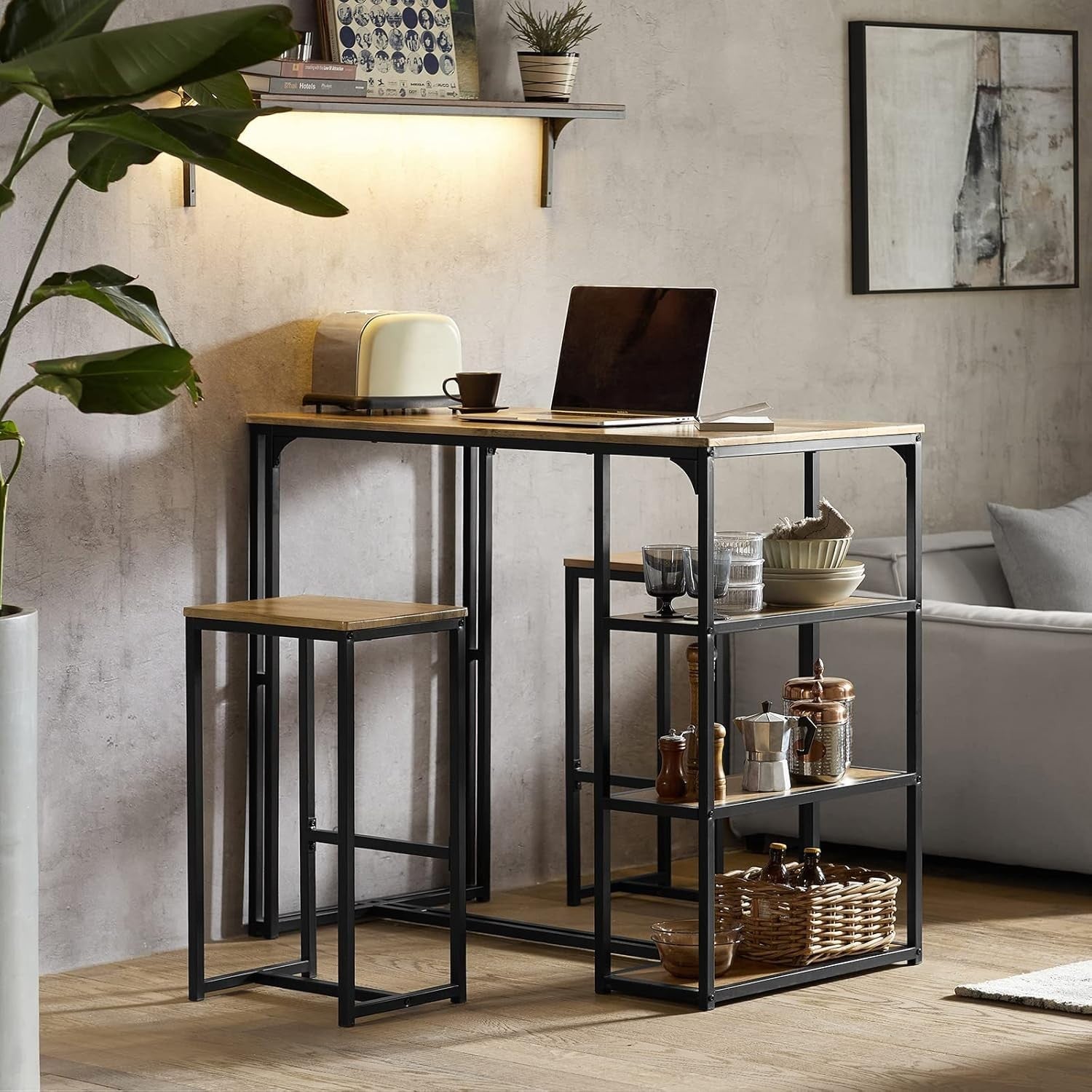 3 Piece Breakfast Bar Table Set with Shelves & 2 High Stools Dining Kitchen
