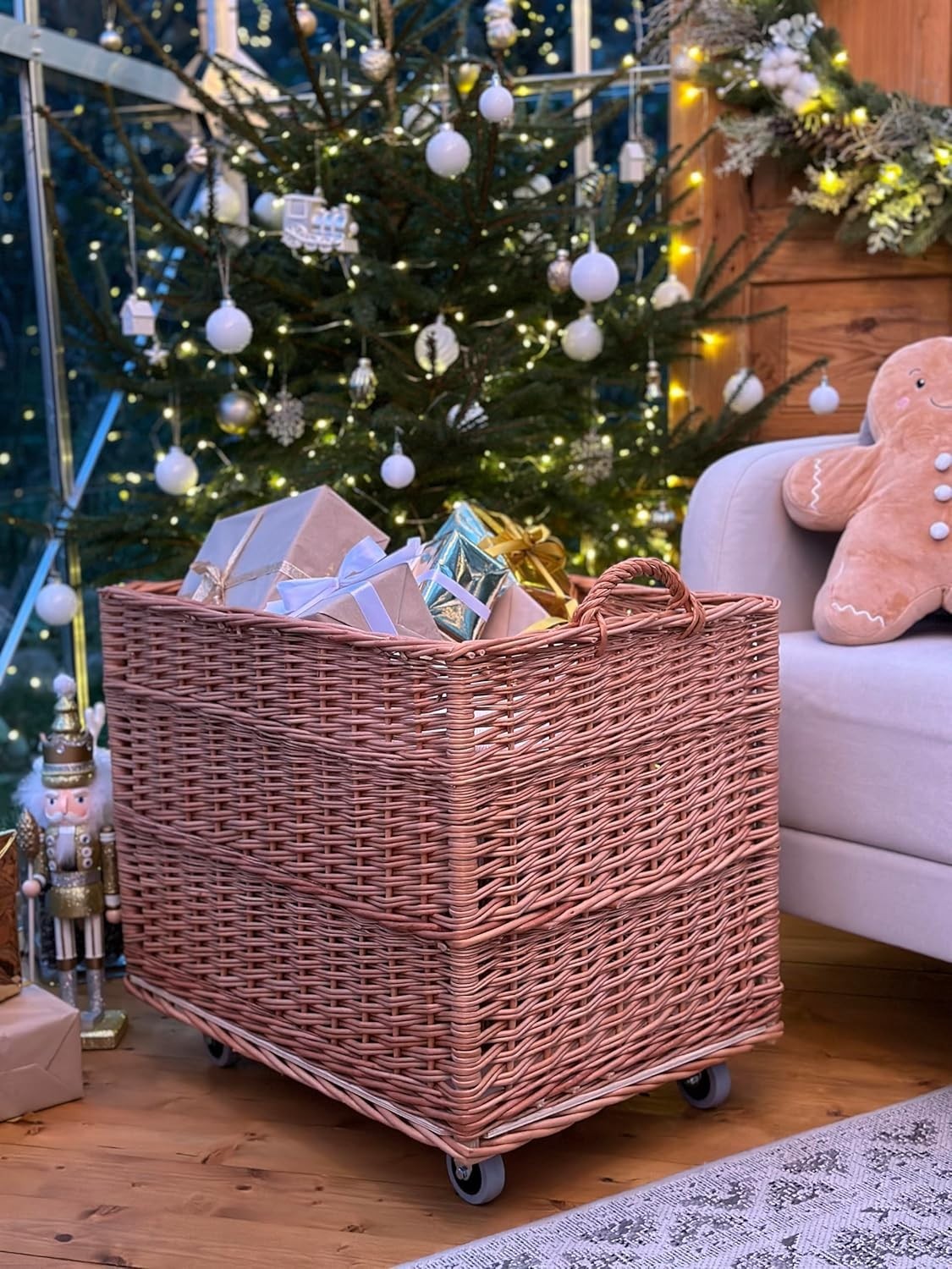 Rustic Wicker Log Basket with Handle, Indoor Firewood Storage, 63x43x52 cm