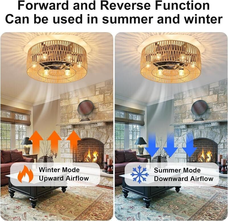 Boho Rattan Ceiling Fan Light Flush Mount E27 Remote 6-Light Rustic 50cm