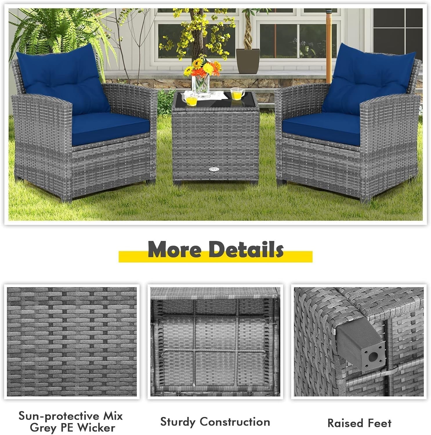 Luxury Rattan Patio Conversation Set Cushioned Chairs Glass Table Garden