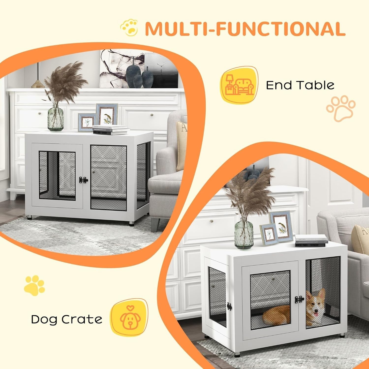 Modern Dog Crate Furniture Table 94x60x71.5cm White Lockable Kennel w/Cushion
