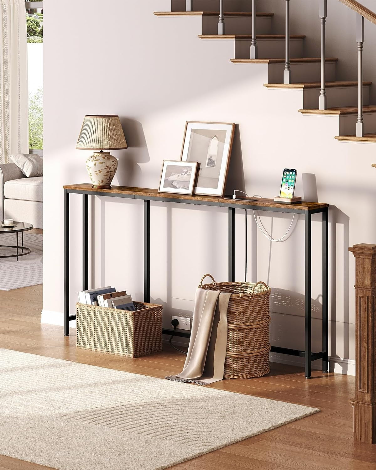 Slim Rustic Console Table with Power Outlet & USB Charging Station
