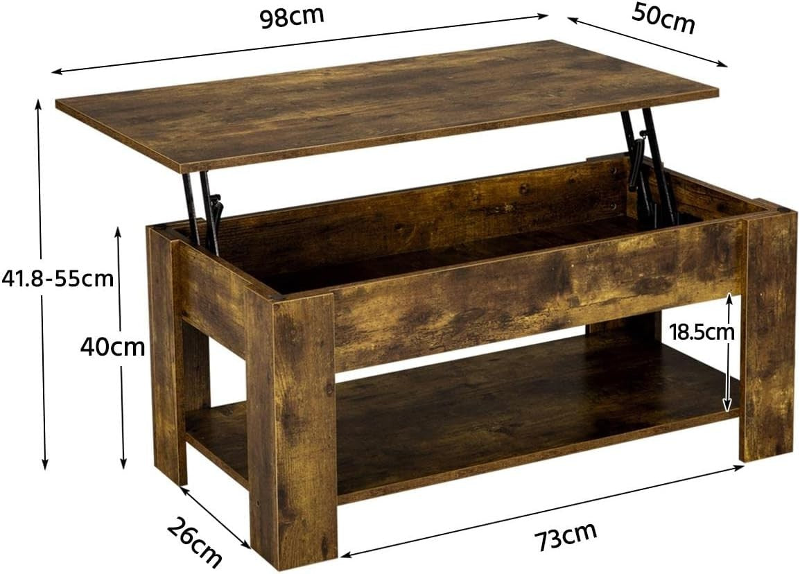 Lift Up Coffee Table with Storage Shelf – Rustic Brown, Hidden Compartment