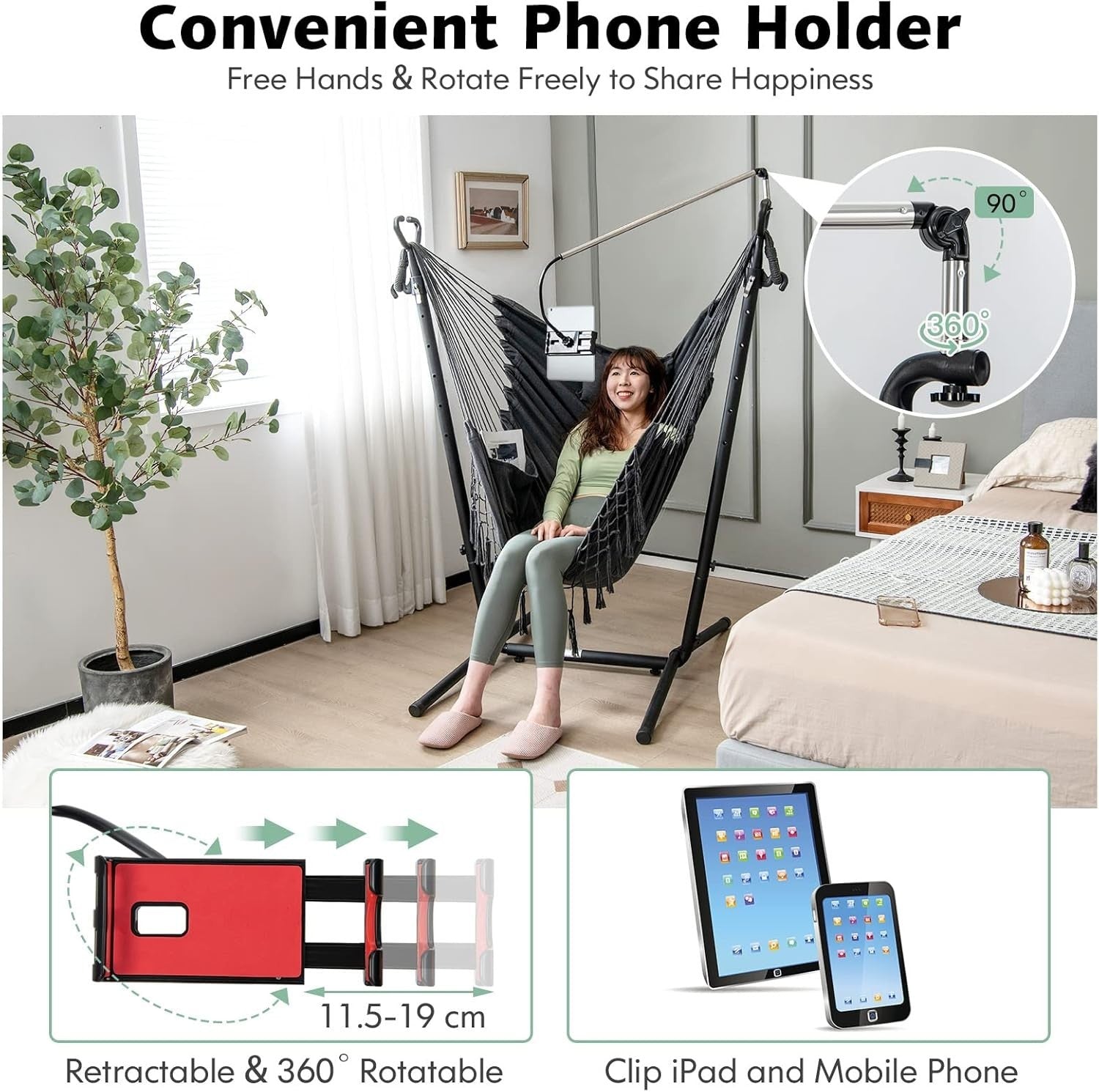 Adjustable Patio Hammock Chair with Stand & Phone Holder Soft Cotton Swing