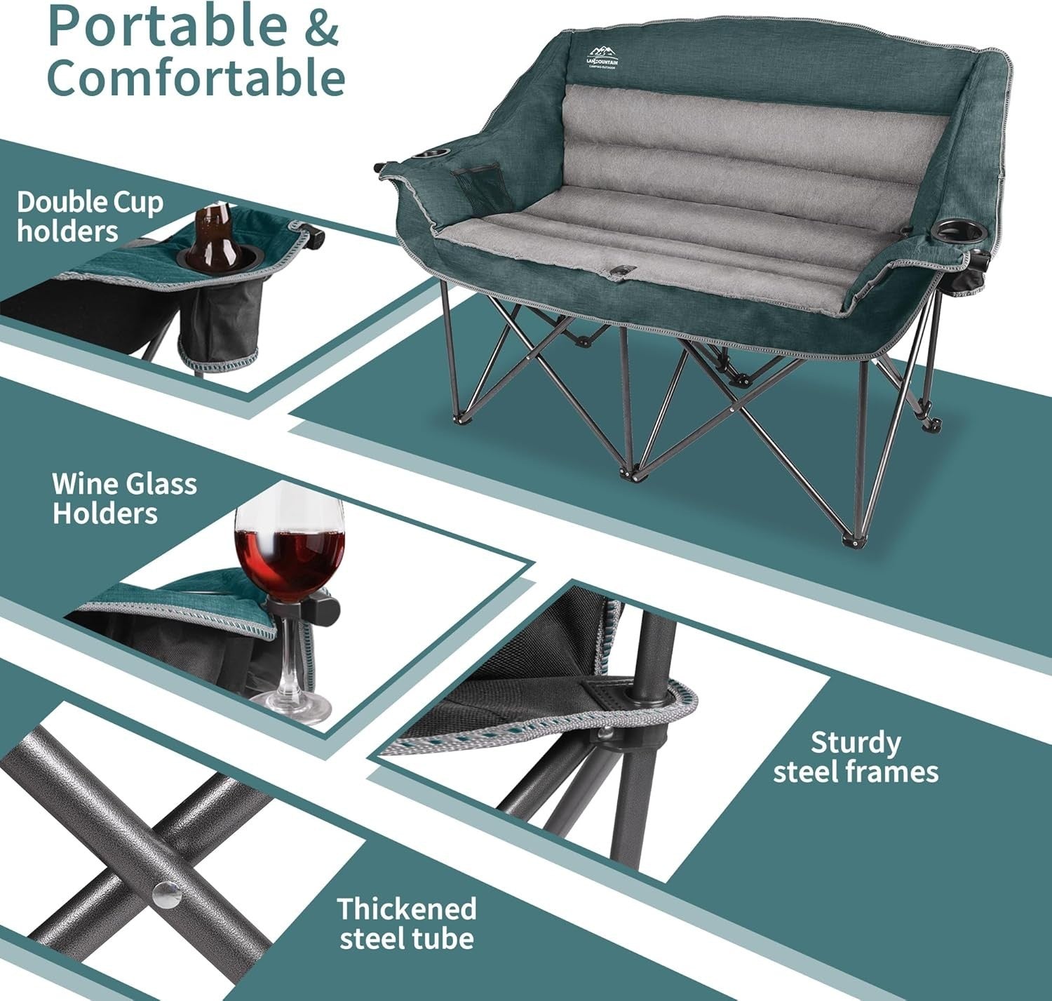 600lbs Padded Double Camping Chair Loveseat w/ Cup Holder Foldable
