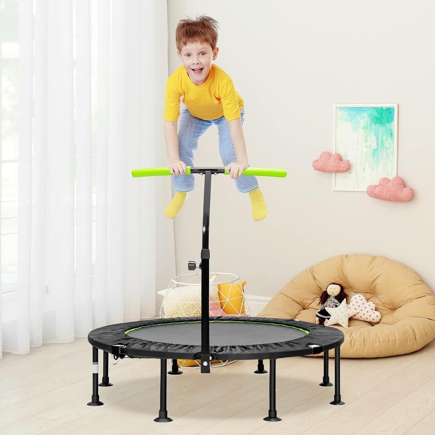 45'' Mini Trampoline with Adjustable Handle Foldable Fitness Rebounder