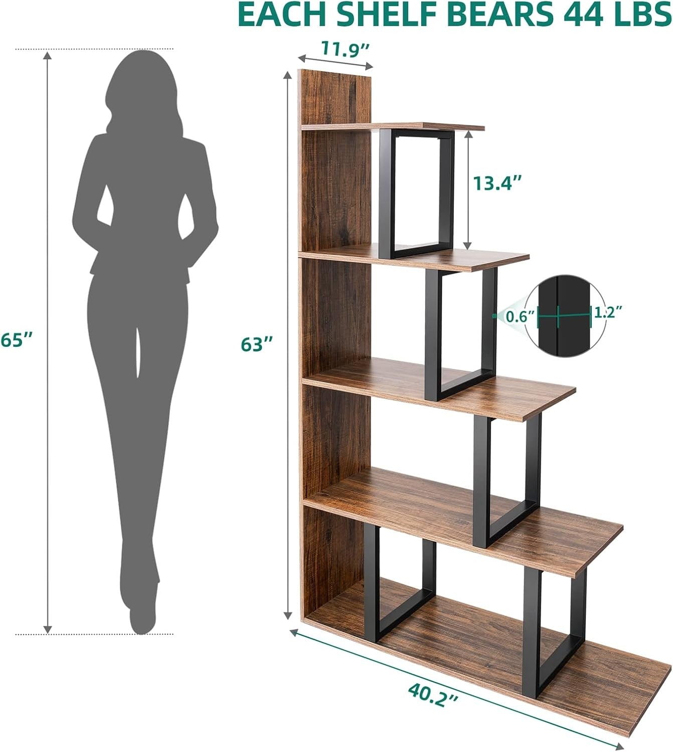 5-Tier L-Shaped Ladder Bookcase | Industrial Retro Brown Corner Shelf Unit