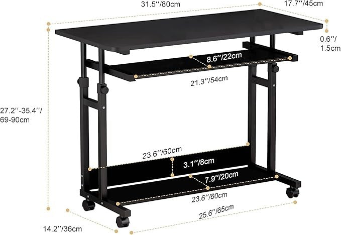 Mobile Computer Desk with Wheels Height Adjustable Study Table Small Spaces
