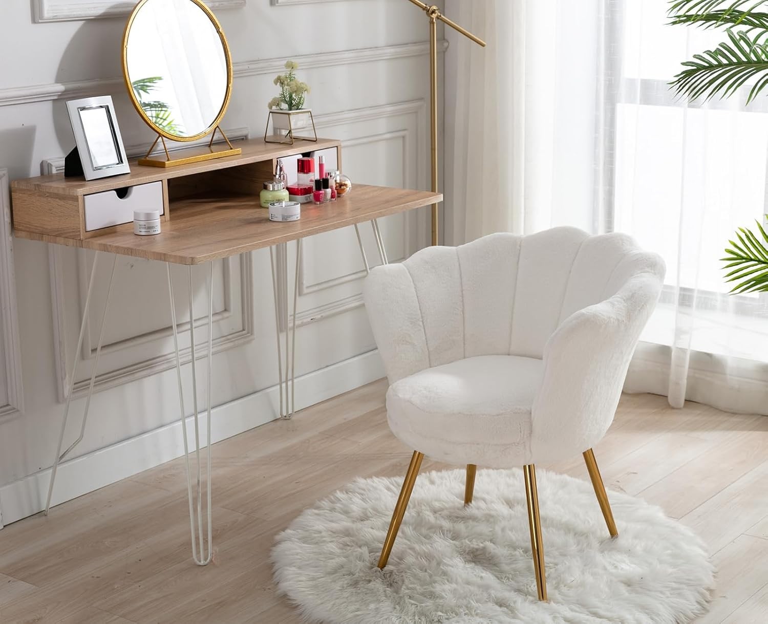 White Velvet Lounge Chair Gold Legs | Petal Back Armchair for Bedroom