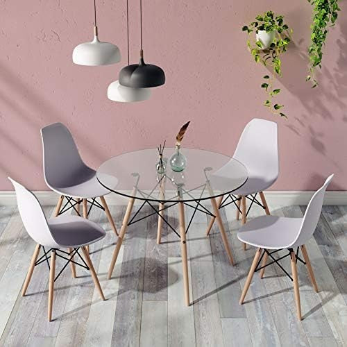 Round Glass Dining Table 90cm Tempered Top Eiffel Wood Legs Modern Kitchen