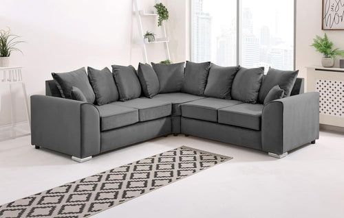 Grey Plush Velvet 5 Seater Corner Sofa – Scatterback Foam Cushions & Chrome Feet