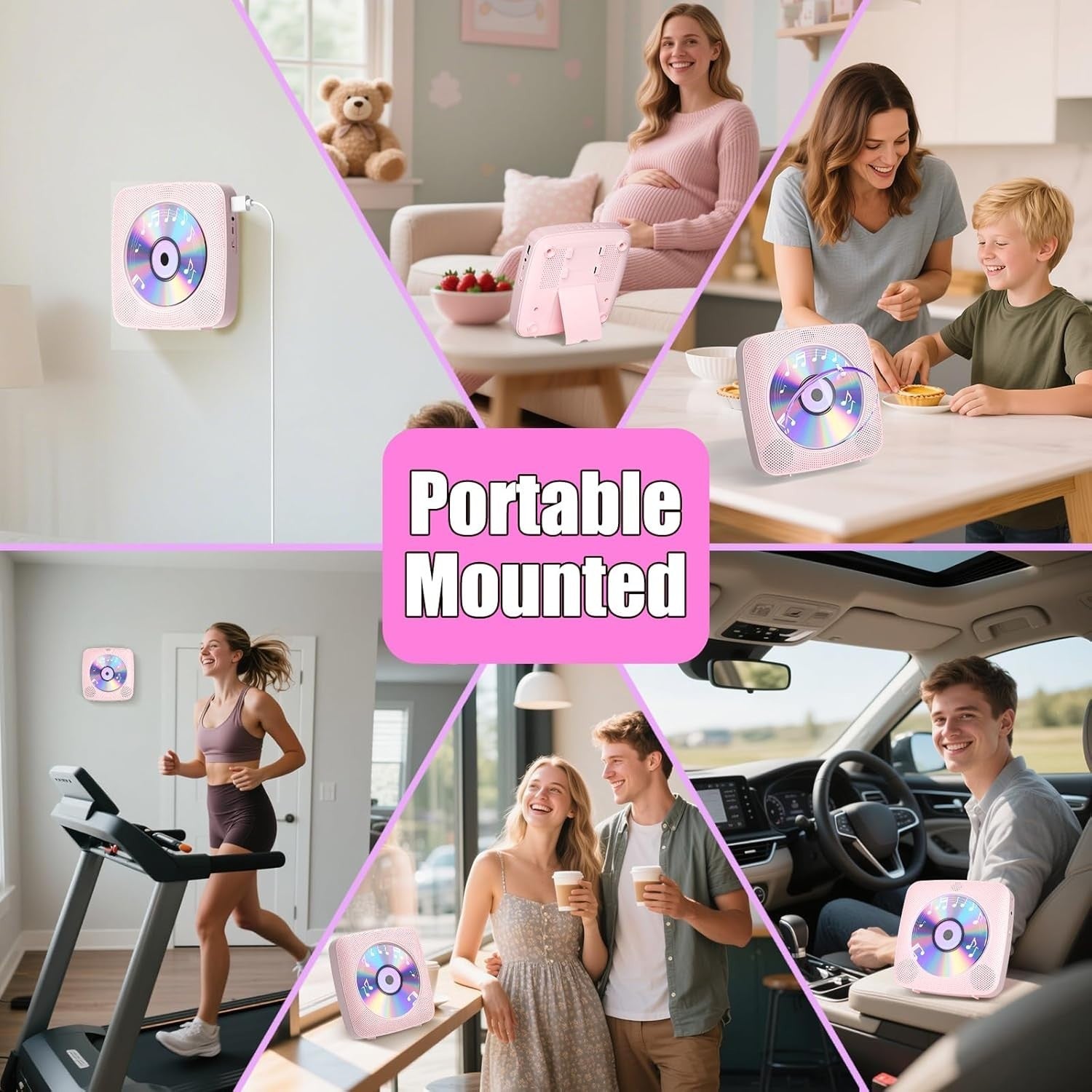 Desktop CD Player Bluetooth Speakers FM Radio USB AUX Remote Pink
