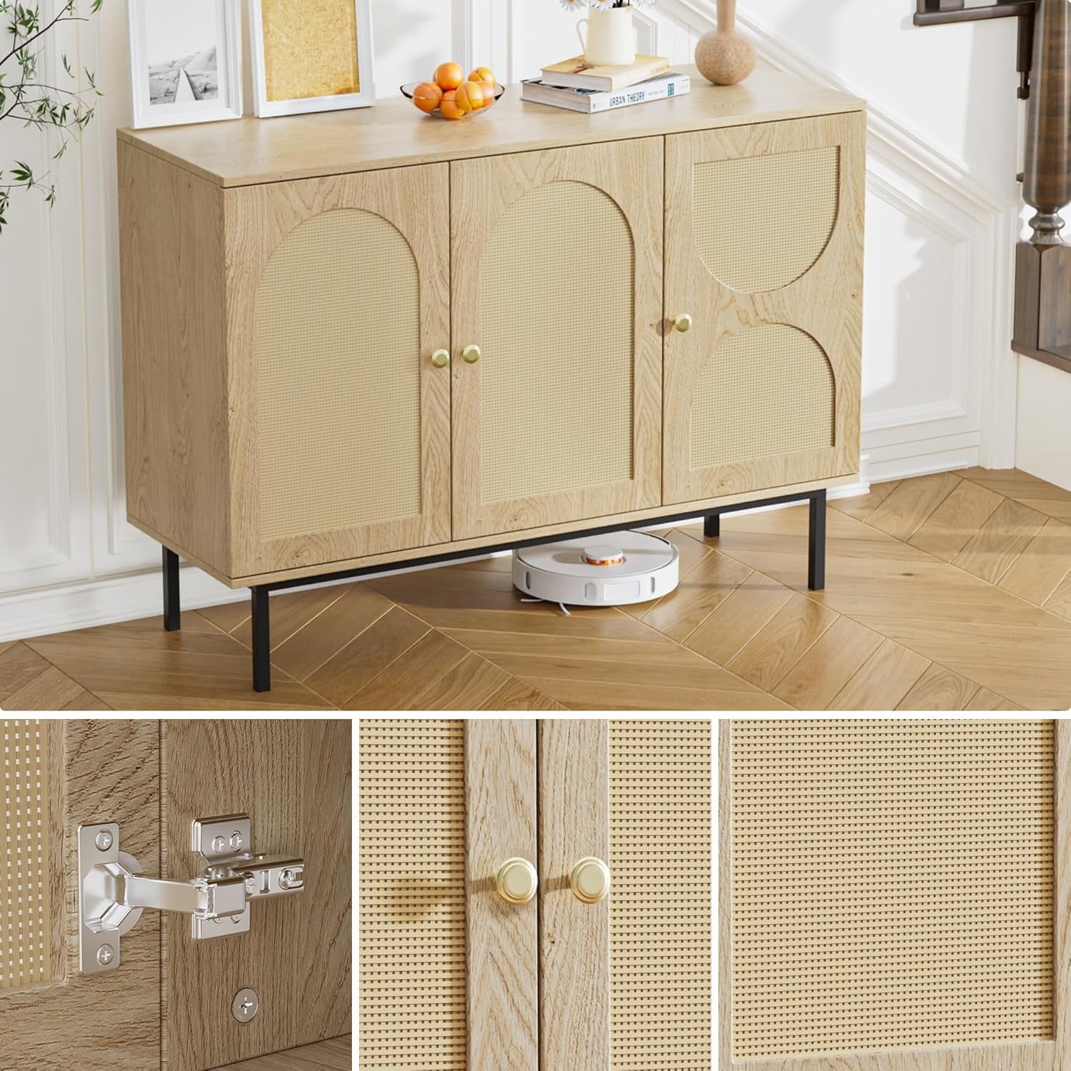 Rattan Sideboard Cabinet 3 Door Wooden Storage Unit for Dining Room