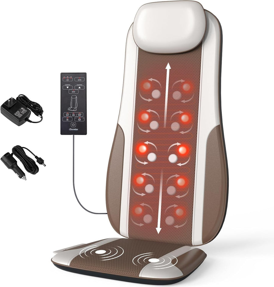 Shiatsu Back Massager Chair Pad Heat Kneading Roller Seat Cushion Brown