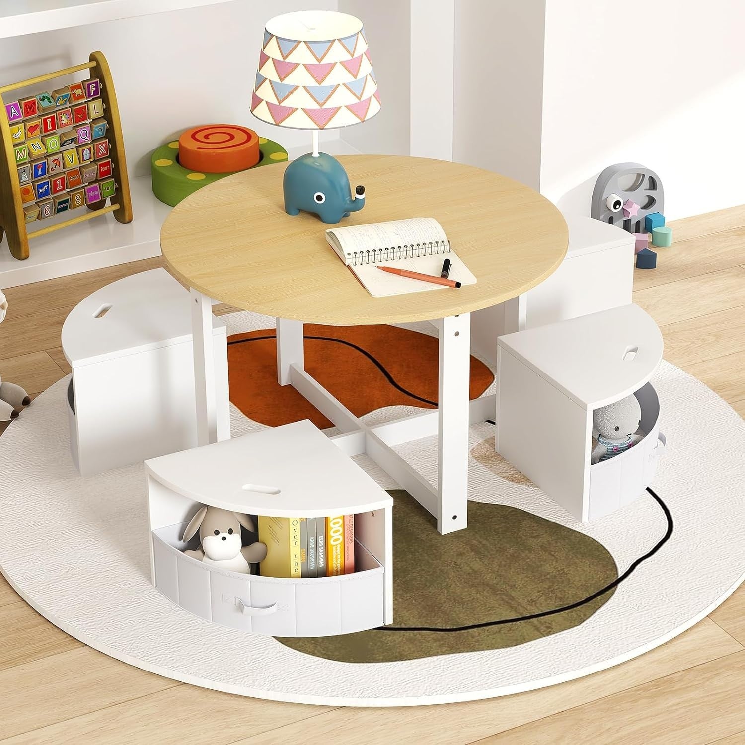 Kids Round Table & 4 Storage Stools Set with Fabric Drawers for Play & Learn
