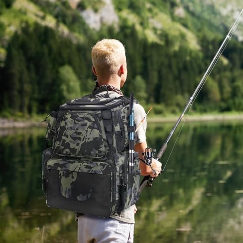 38L Fishing Tackle Backpack Waterproof with Rod Holder for Hiking & Travel
