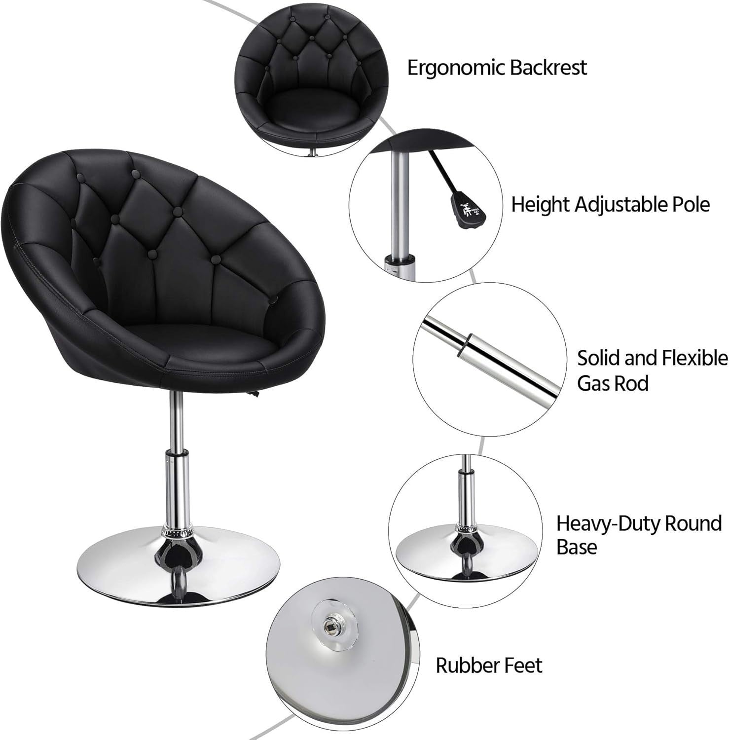 Black PU Leather Swivel Vanity Chair Adjustable Tufted Armchair for Makeup