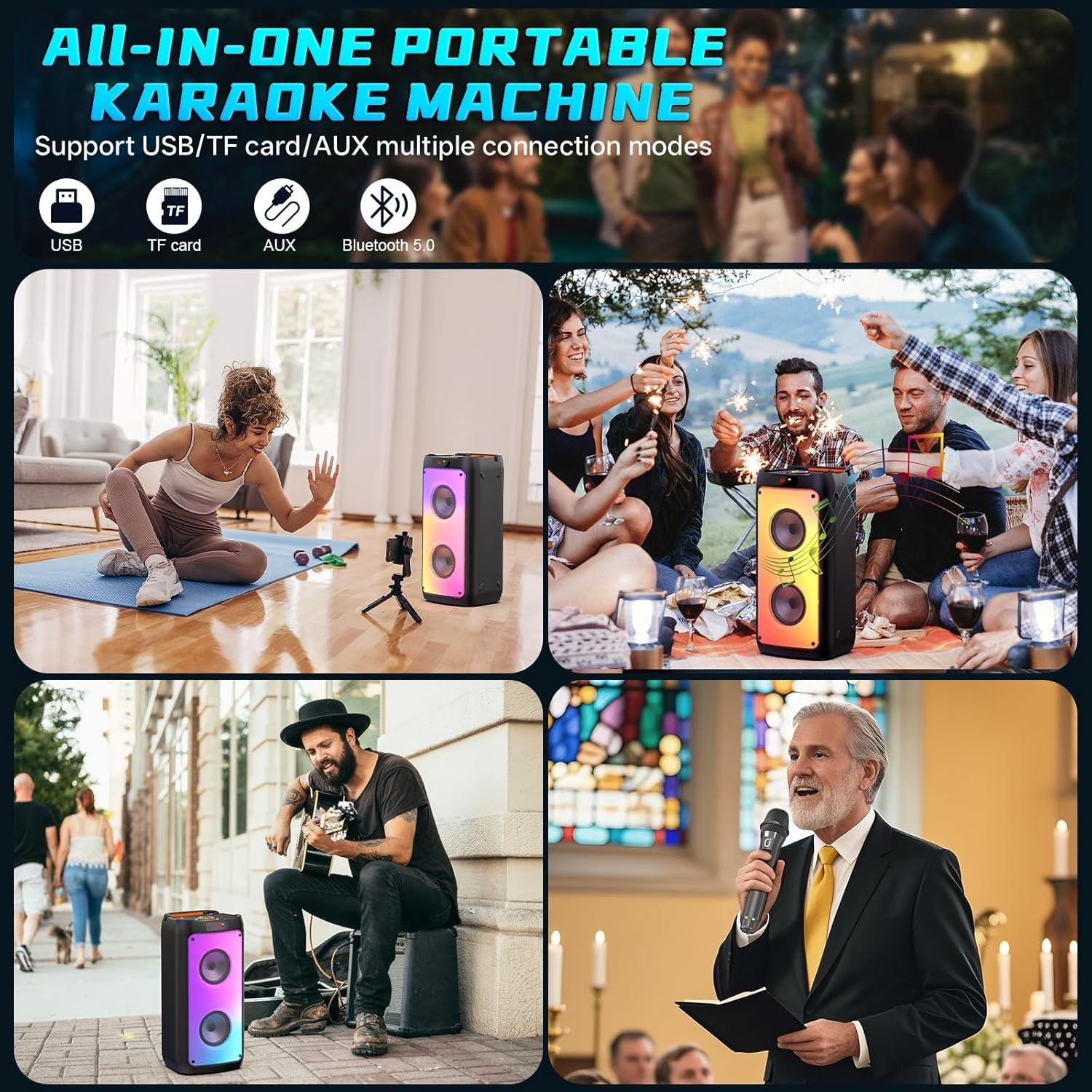 Portable Karaoke Machine 2 Wireless Bluetooth PA Speaker LED