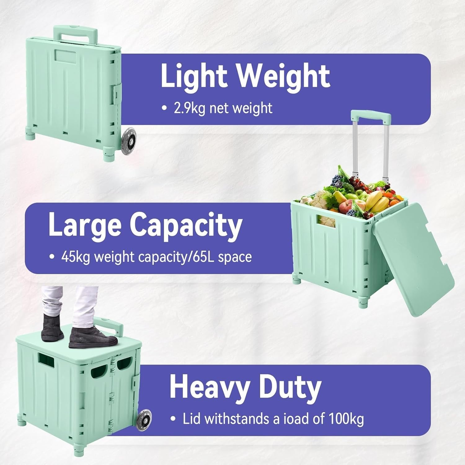 65L Foldable Shopping Trolley with Wheels & Lid Portable Utility Cart