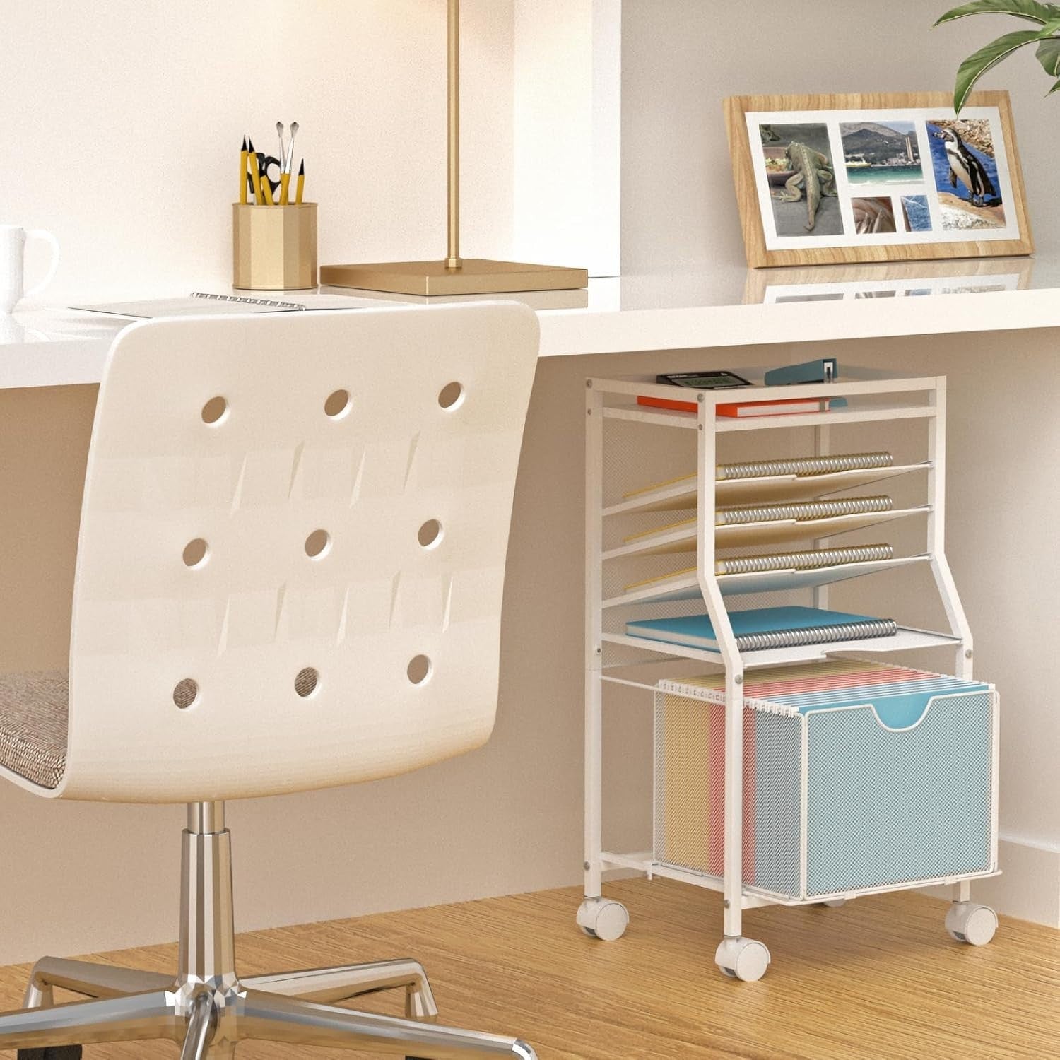 Rolling File Cart Under Desk 6 Tier Storage Organiser w Wheels White