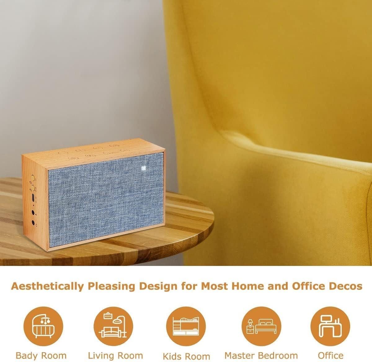 Wooden White Noise Machine – 37 Sounds, Dual Stereo, 24H Battery