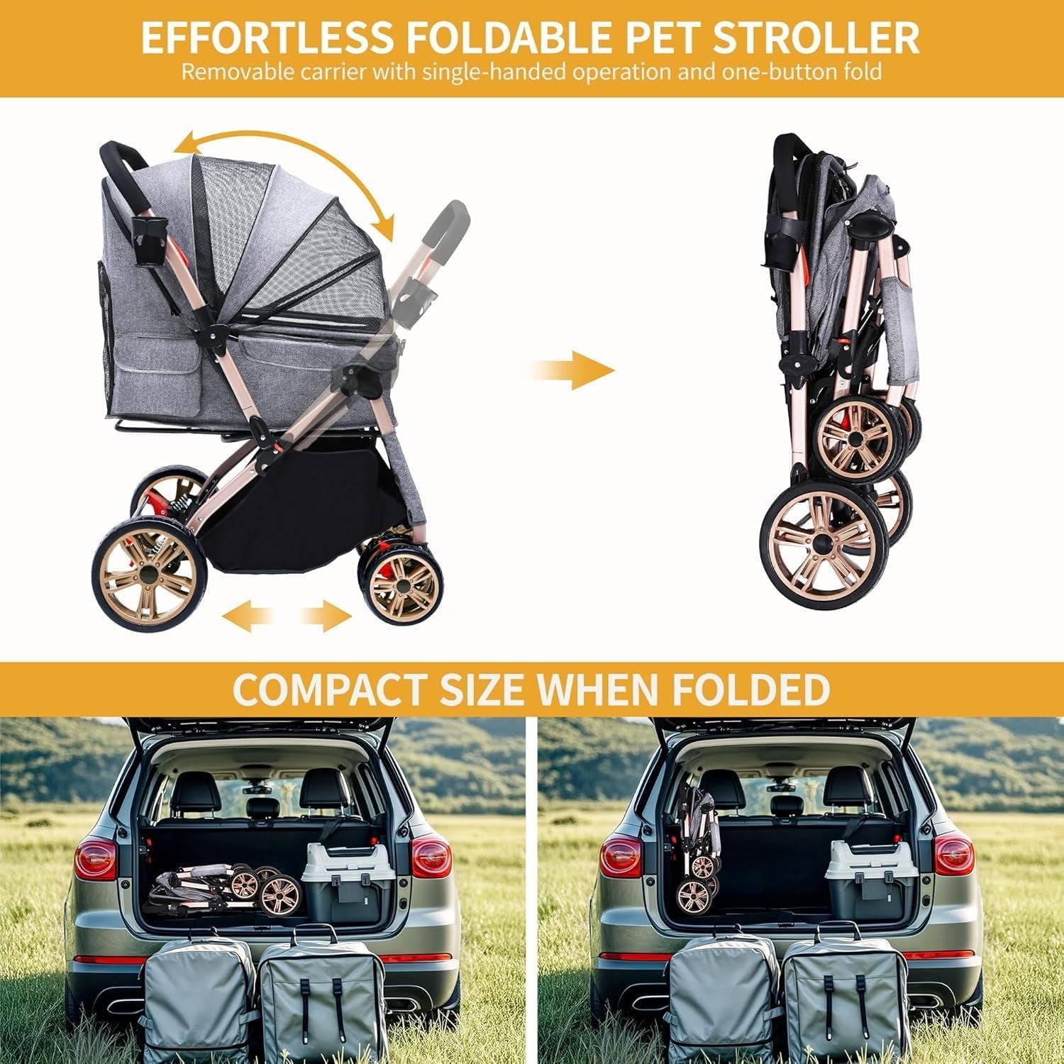 Dog Stroller 22kg Folding Pram Large Wheels Travel Pushchair Storage