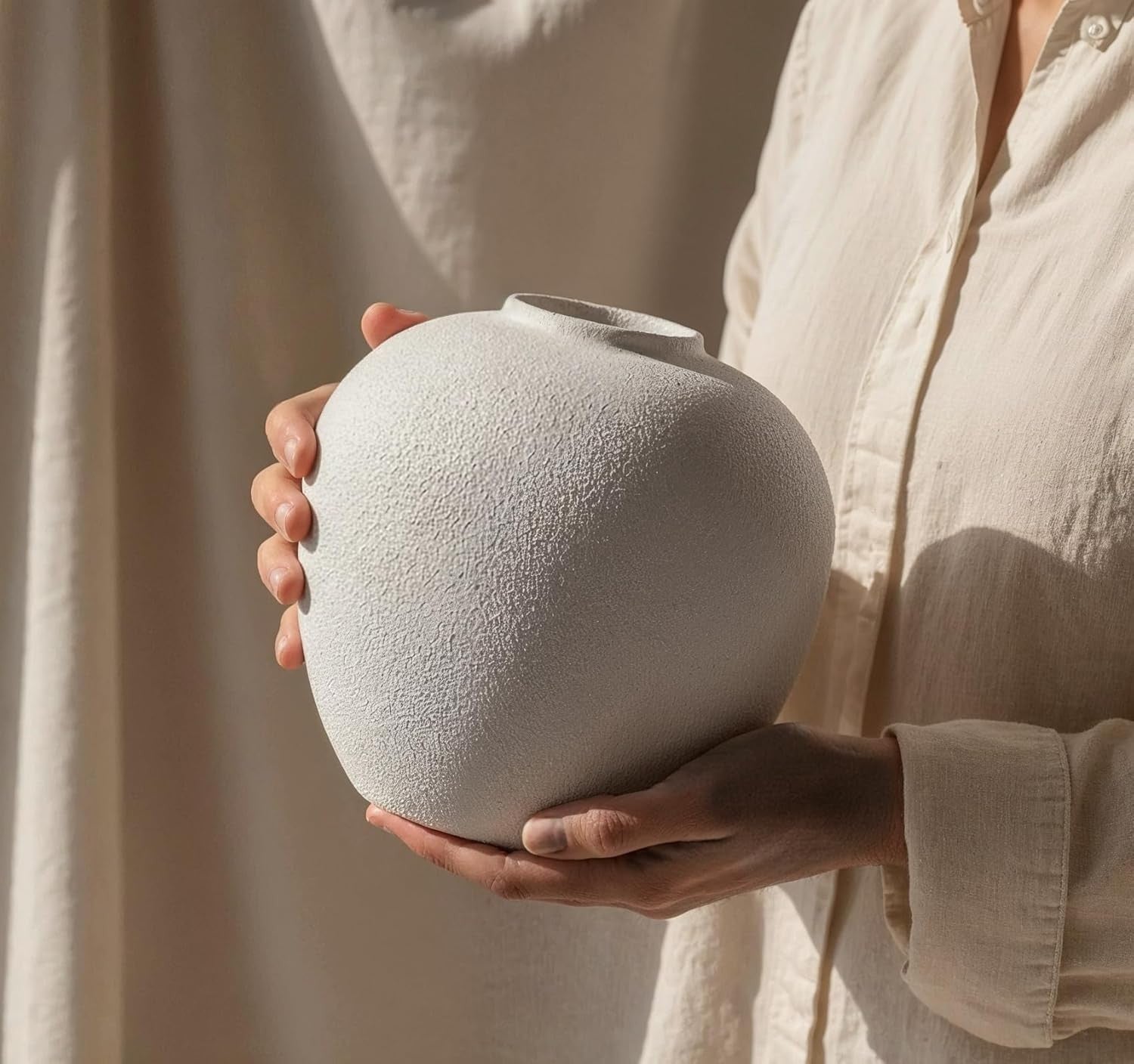 White Ceramic Flower Vase 20cm Round Minimalist Leak-Proof Home Décor