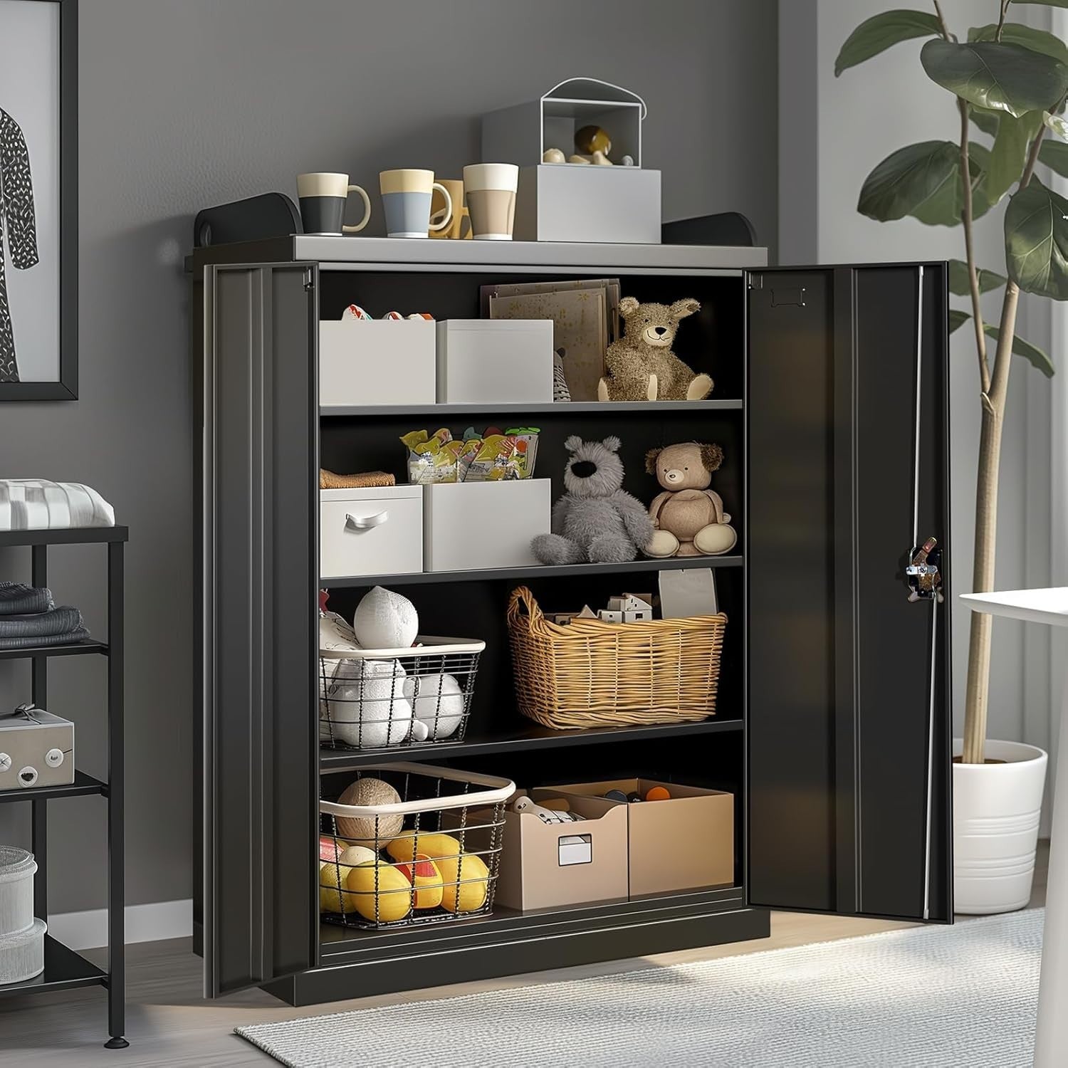 Heavy Duty Lockable Metal Storage Cabinet 4 Tier Adjustable Shelves