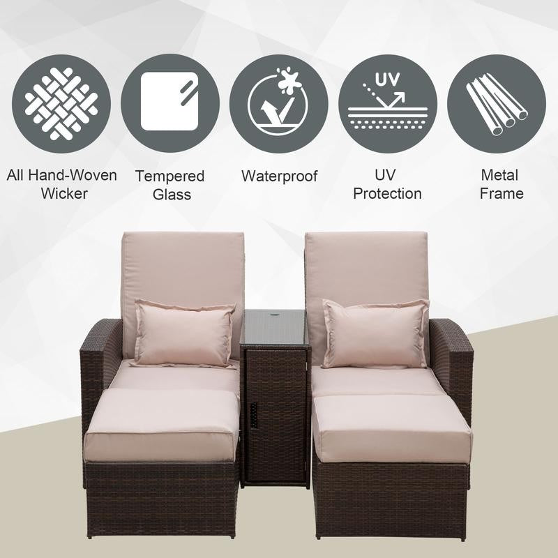 2 Seater Rattan Recliner Sofa Lounger Set w/ Cushions & Glass Table Outdoor