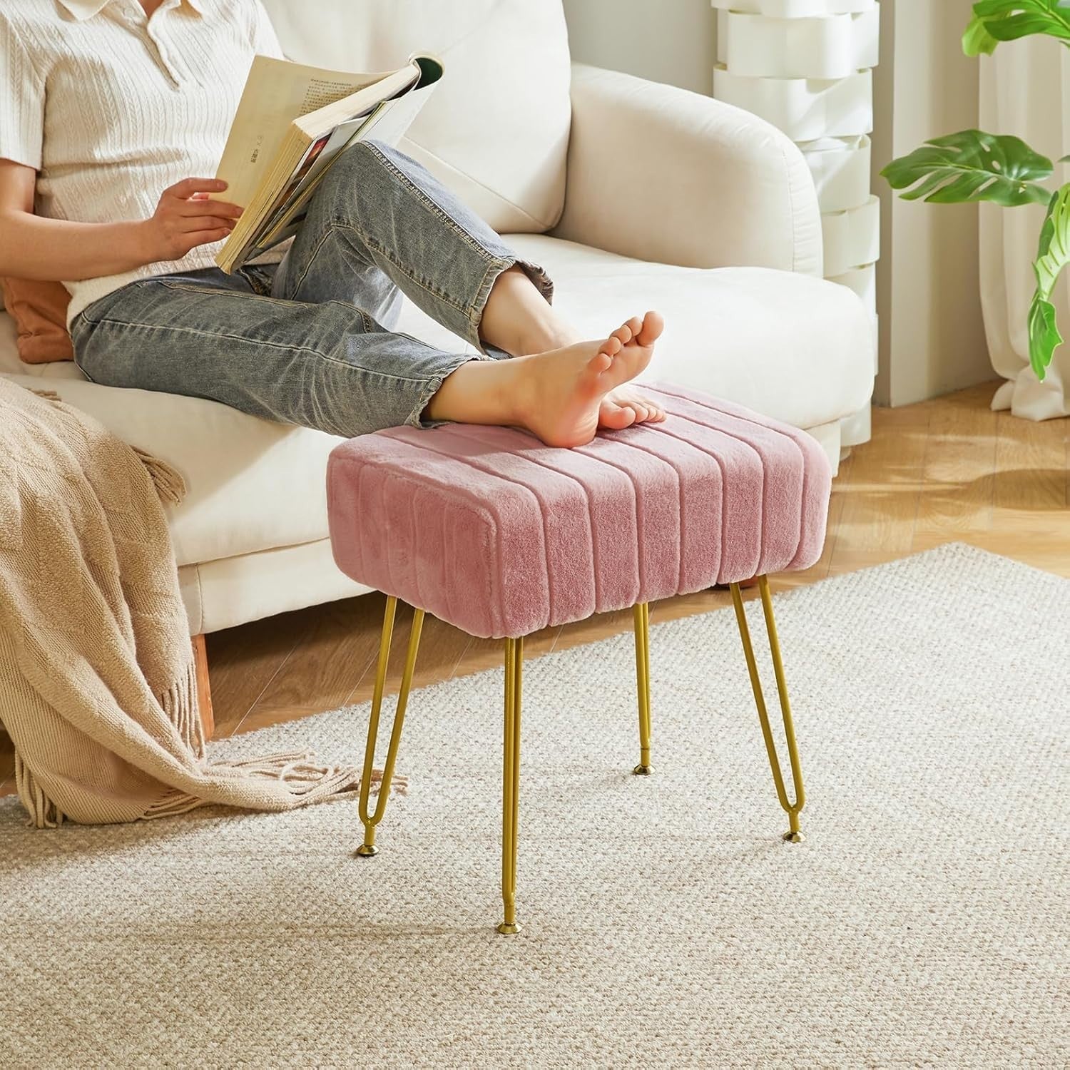 Pink Velvet Footrest Ottoman – Modern Vanity Stool with Gold Metal Legs
