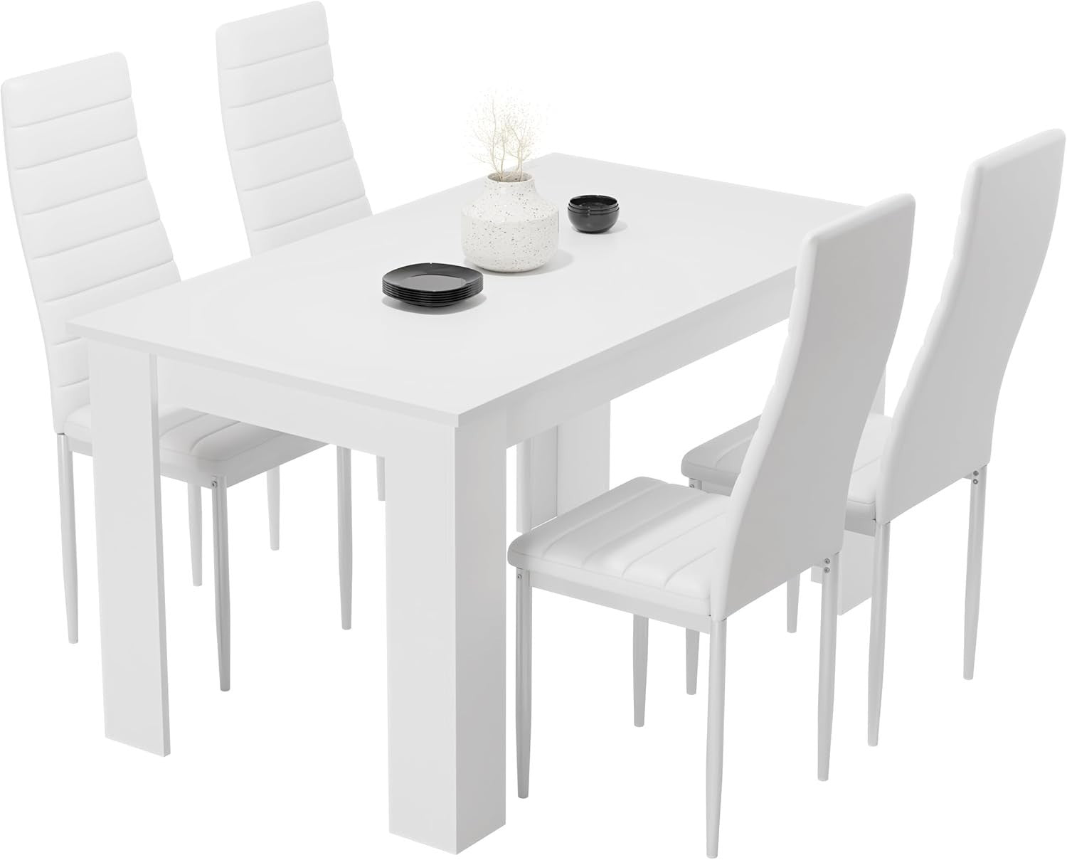 Modern White PU Leather Dining Table Set 4 Chairs 120x80cm Kitchen Room