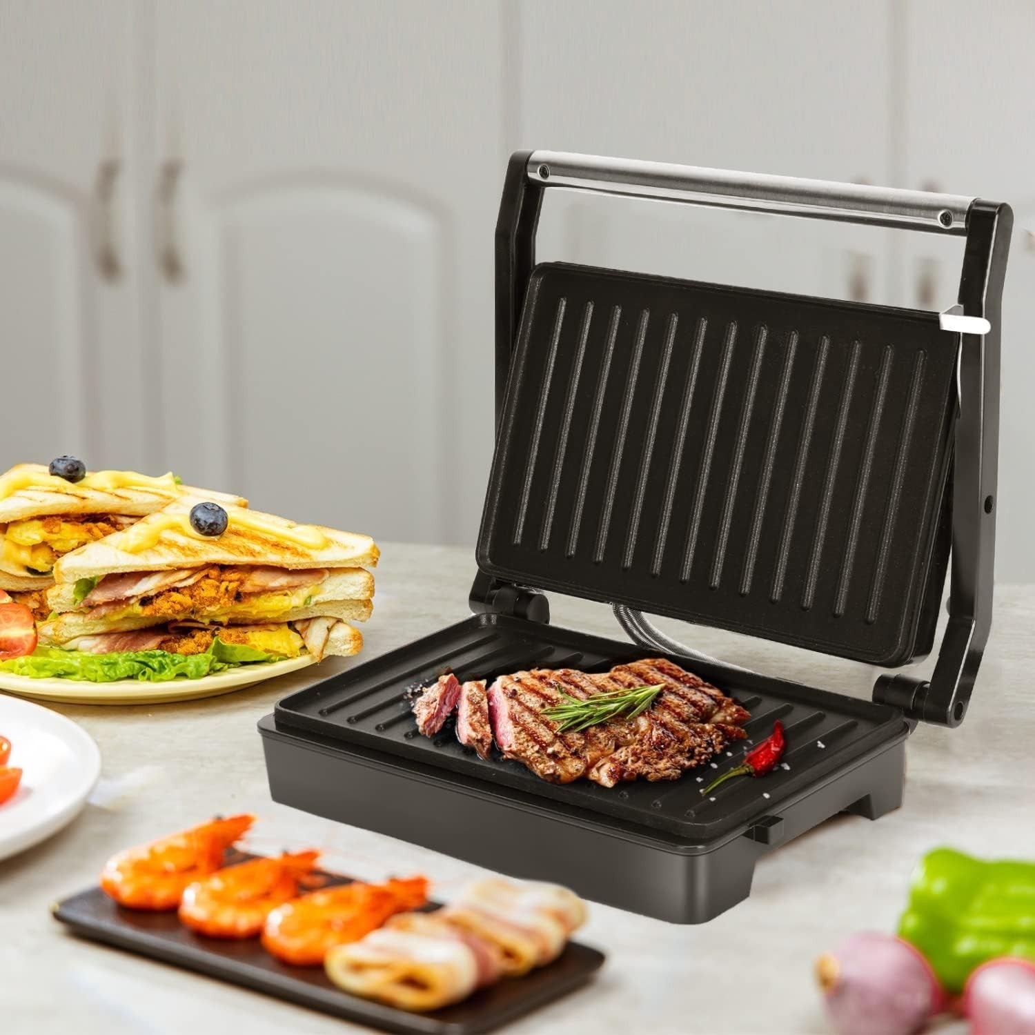 1000W Deep Fill Sandwich & Panini Press Toastie Maker Stainless Steel Black