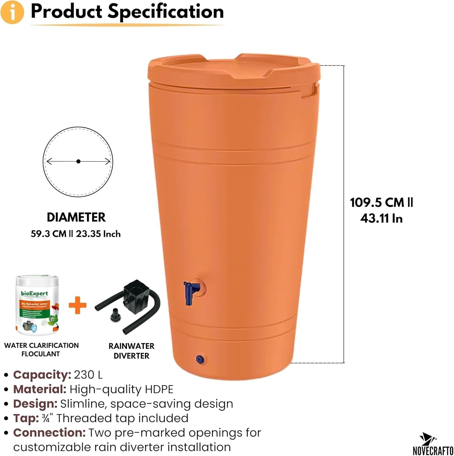 230L Cone Rainwater Butt With Tap Diverter Bio Cleaner Terracotta Garden
