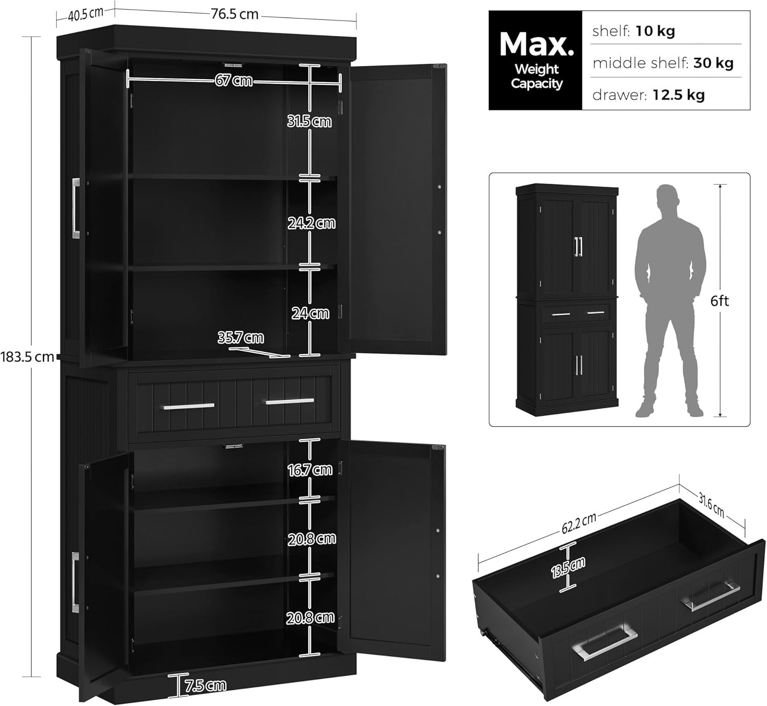 Tall Black Kitchen Pantry Cupboard Storage Cabinet with Drawer & Shelves