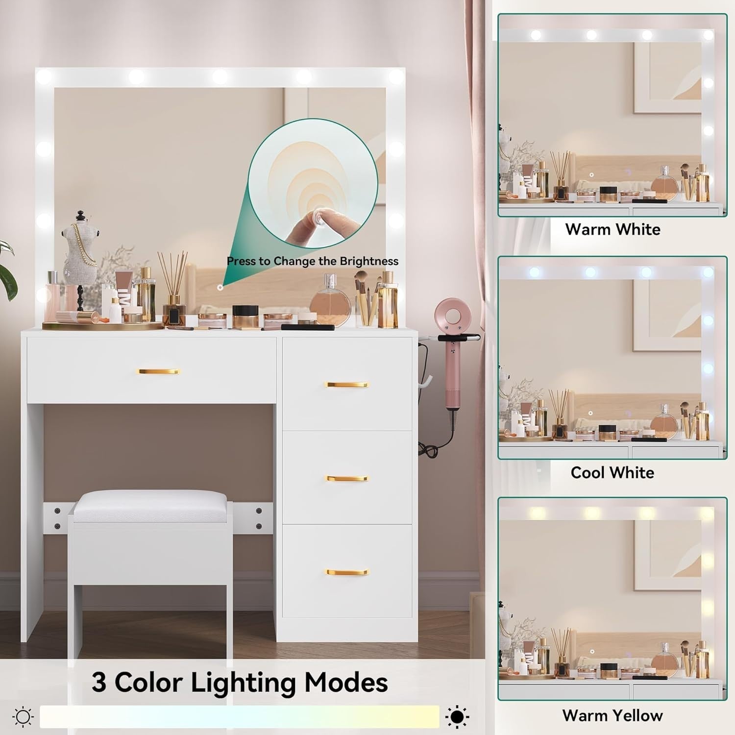 White Vanity Dressing Table w/ LED Mirror 4 Drawers Makeup Desk USB Minimalist