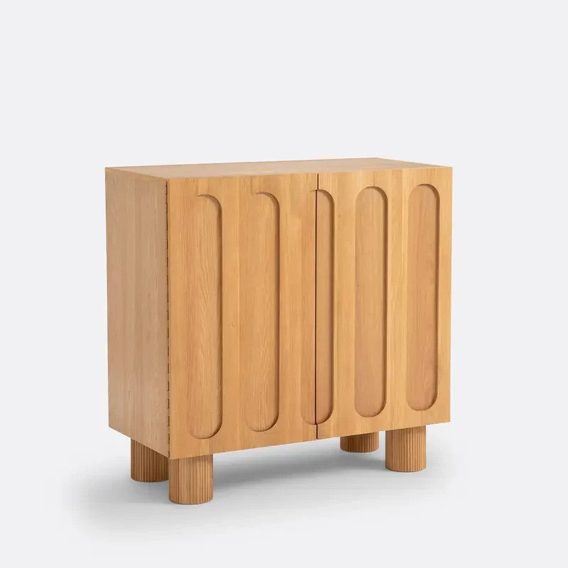 Oak Bar Storage Cabinet with Fluted Doors & Glass Bottle Racks