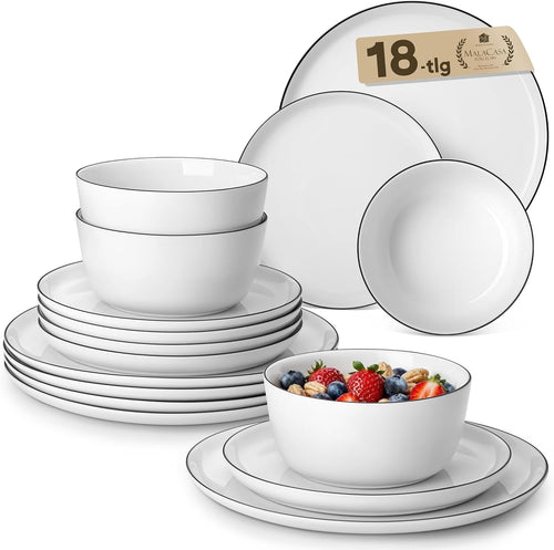 18pc Porcelain Dinnerware Set Plates Bowls Black Rim Microwave