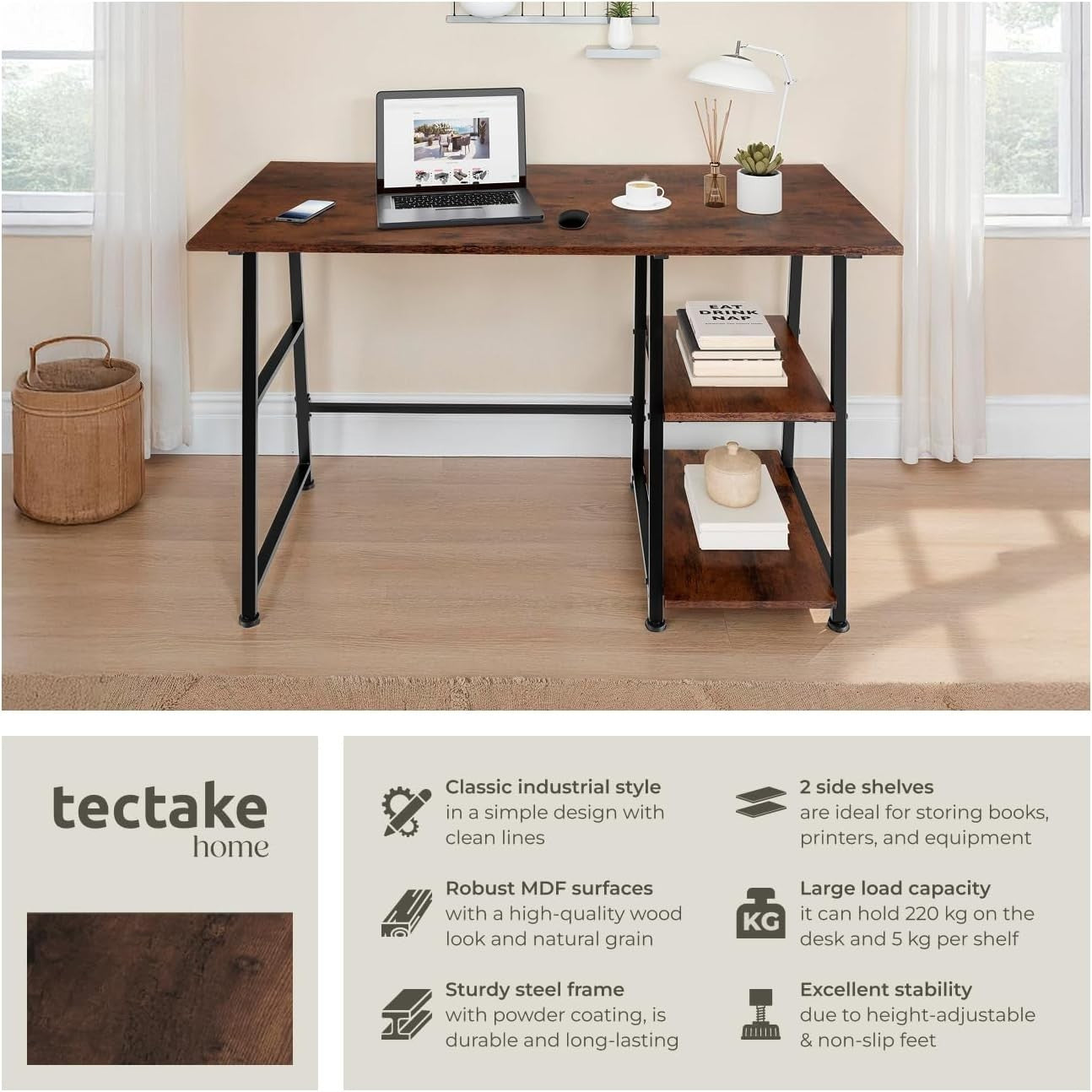 Modern Computer Desk Dark Wood 120cm with 2 Shelves & Steel Frame Office Table