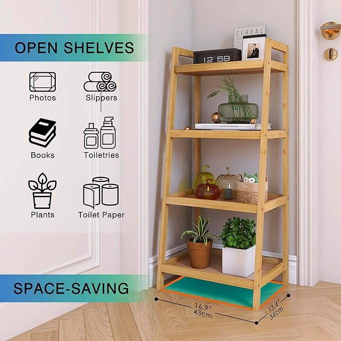 4 Tier Bamboo Ladder Shelf Freestanding Storage Rack for Living Room & Bathroom