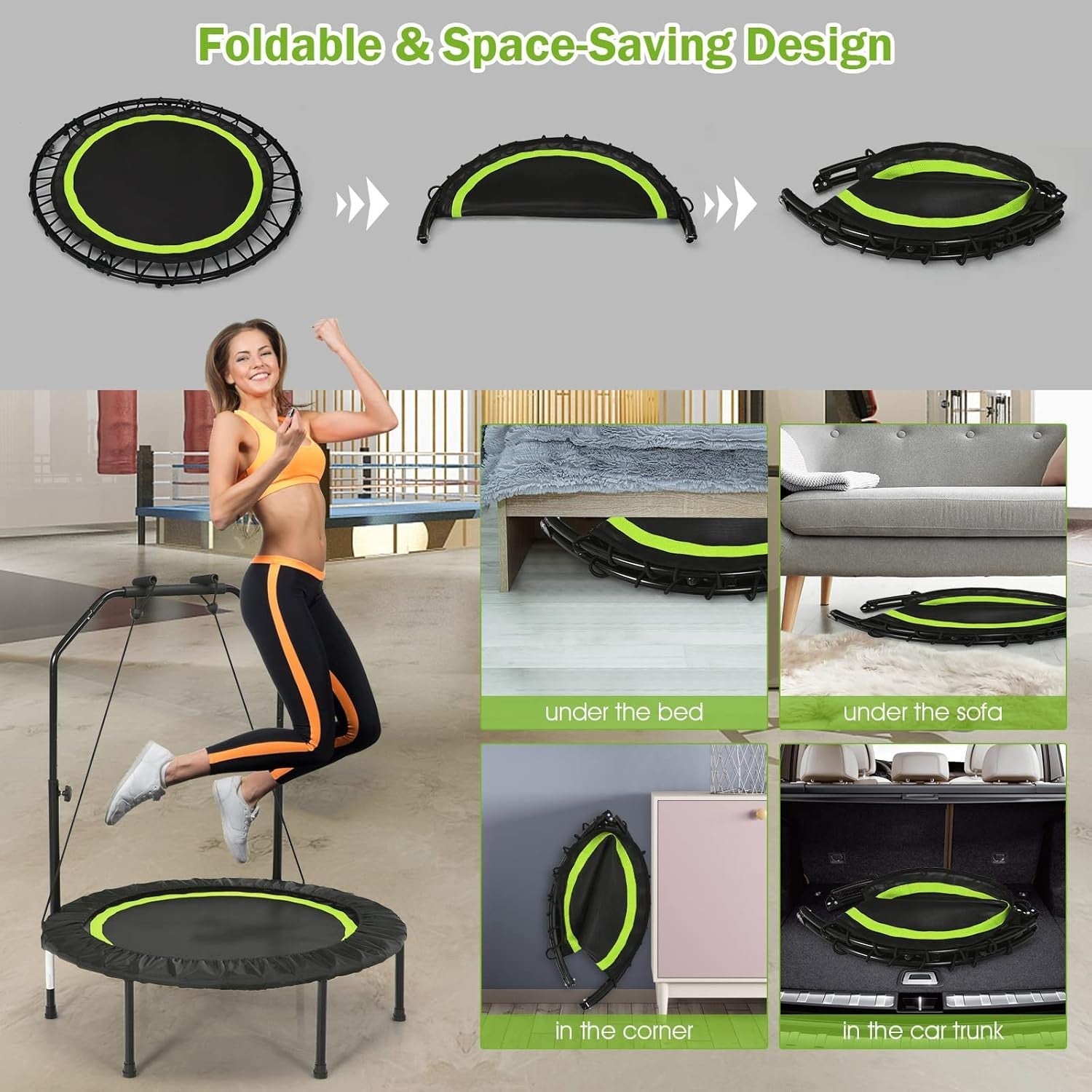 40in Foldable Fitness Trampoline Adjustable Handle Resistance Bands