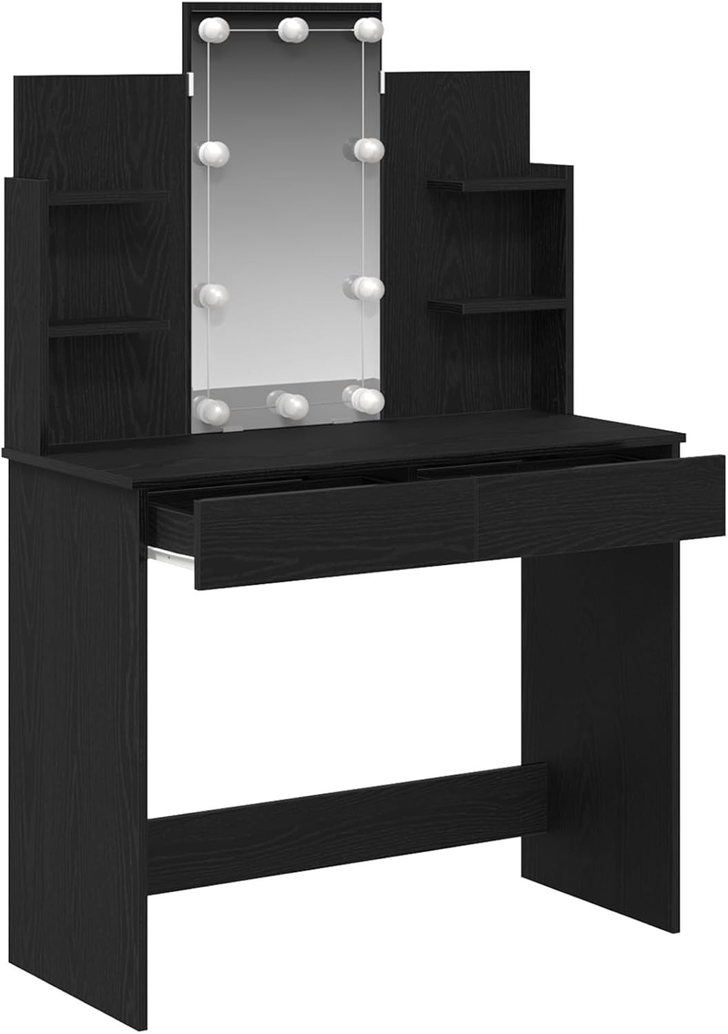Contemporary Vanity Dresser 6 Drawer LED Mirror Black Oak Makeup Table