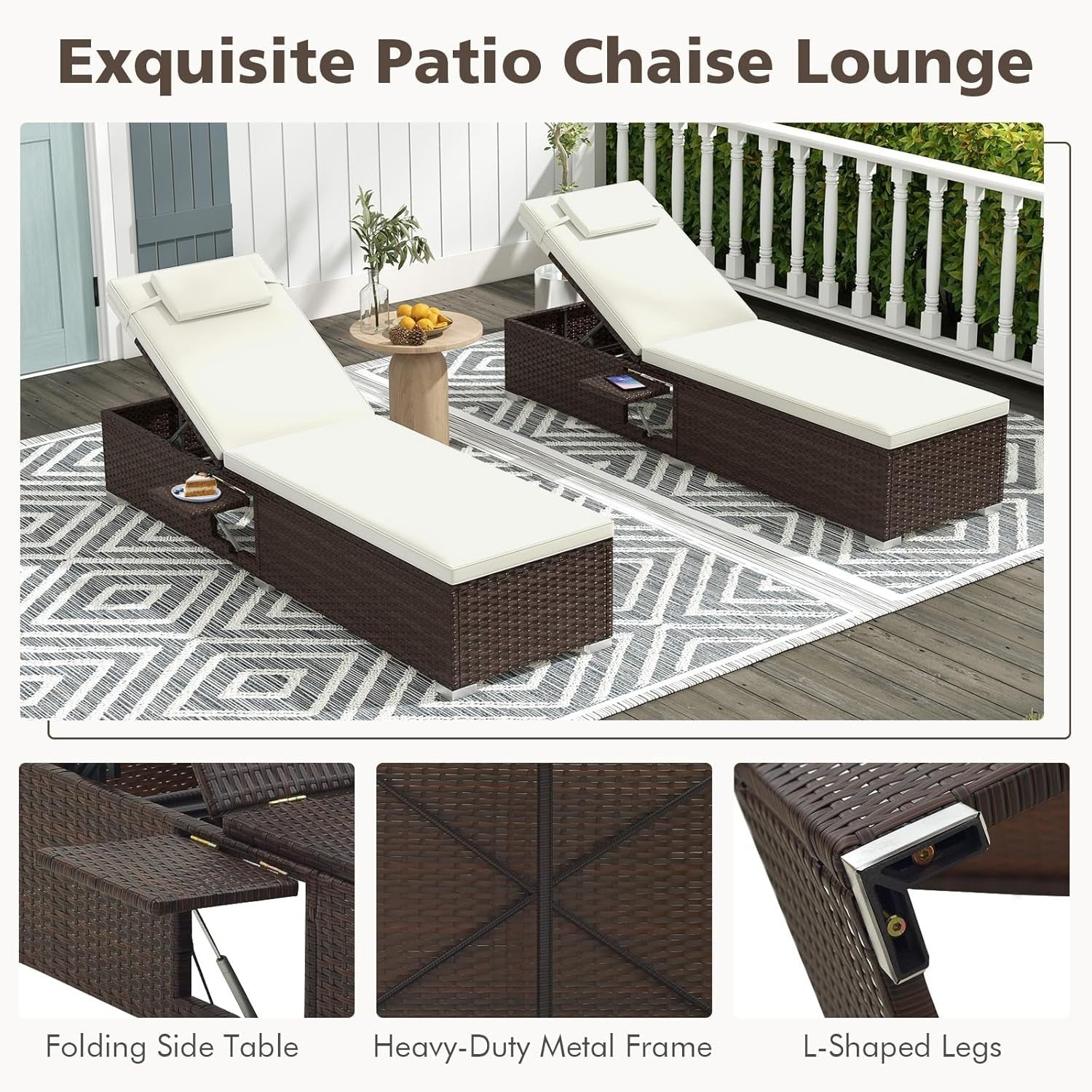 Adjustable 6-Level Rattan Sun Lounger with Cushion & Folding Table, Off-White