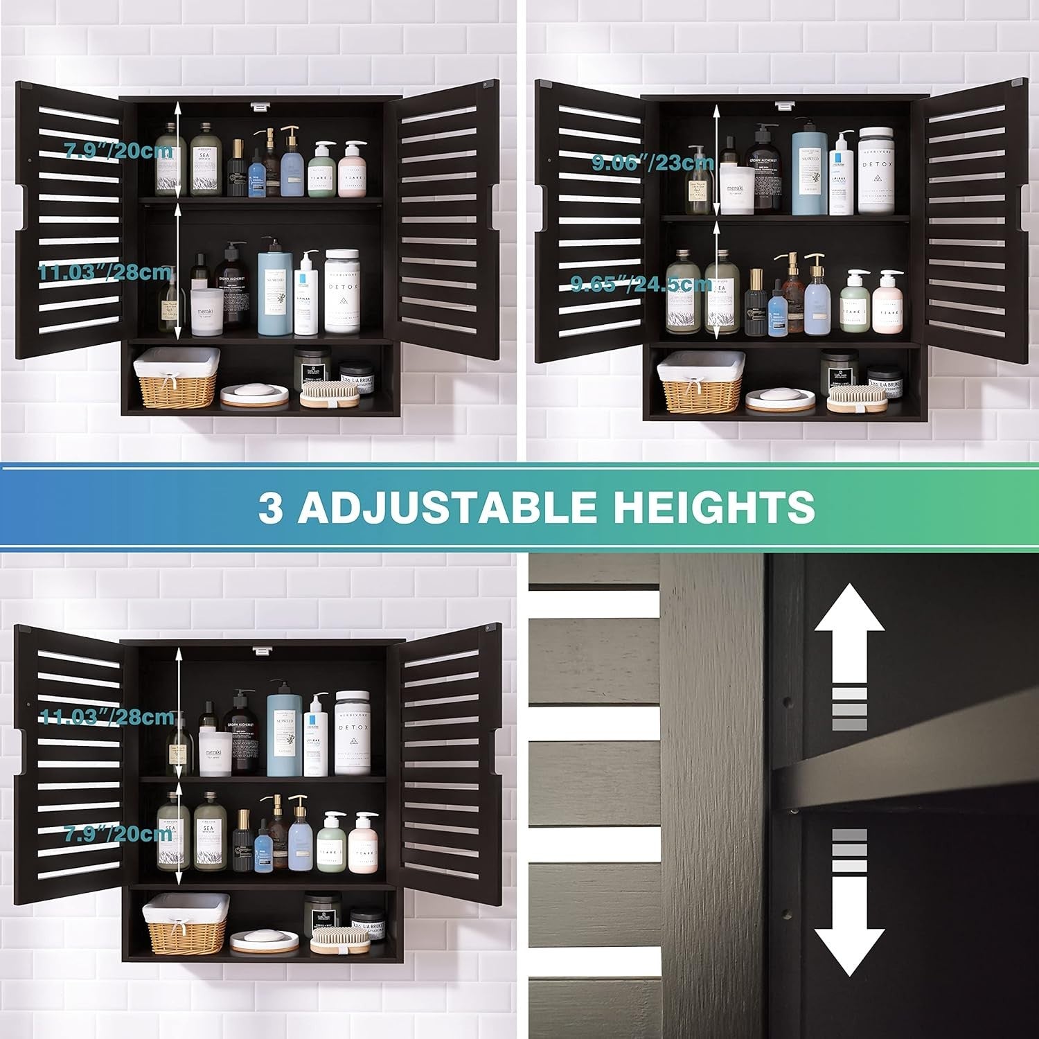 Black Bathroom Wall Cabinet – Over Toilet Storage, 2 Doors, Adjustable Shelves