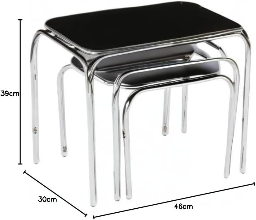 3pc Black Glass Nesting End Tables Set Modern Chrome Legs Living Room Furniture