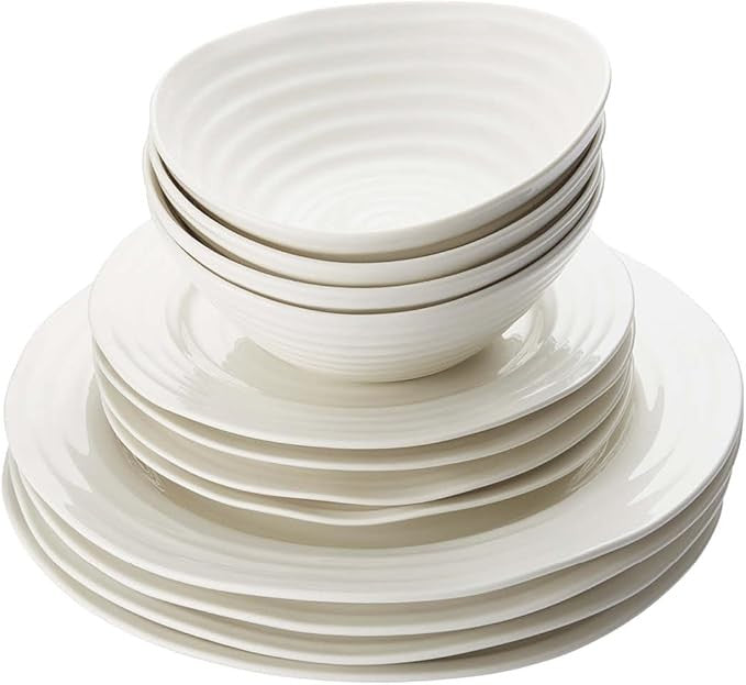 12 Piece White Porcelain Dinner Set Plates Bowls Modern Ribbed Tableware